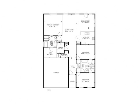 A floor plan of a house with a primary bedroom, a living room, a dining room, a kitchen, a laundry room, a bathroom, a study, a garage, and a bedroom.